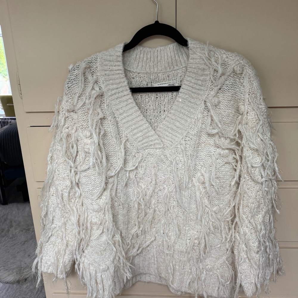 Anthropologie Cream V-Neck Fringed Sweater With Silver And Gold Thread NWT